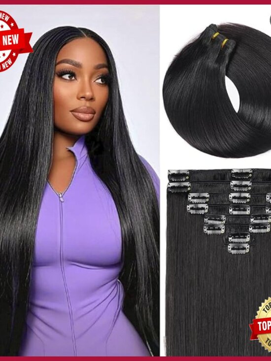 24 Inch Clip In Human Hair Extensions, 8 Piece Set, Seamless Straight main image 6